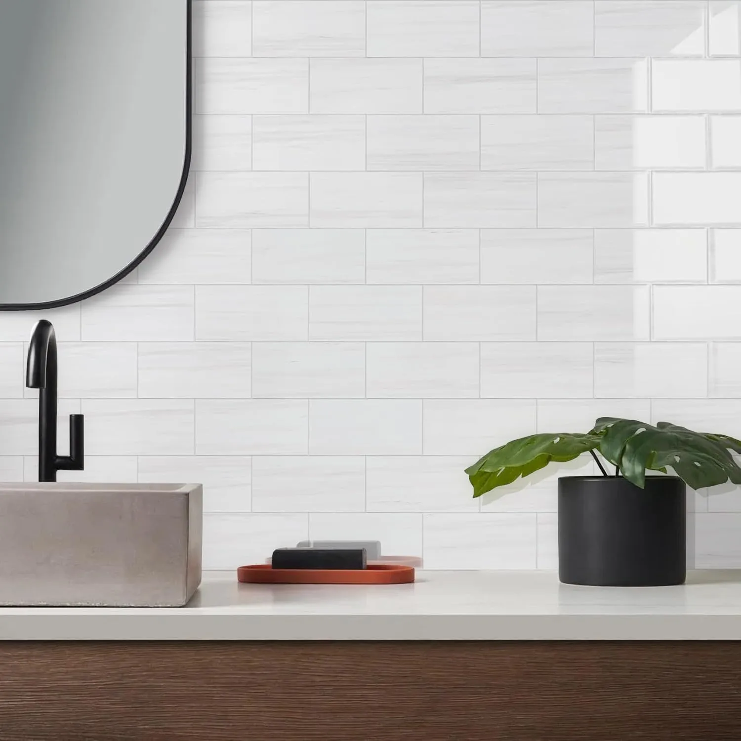 Vamos Tile 100-Piece Glossy Dolomite White Peel and Stick Backsplash Tile,3''x6'' PVC Subway Tile with White Grout, Stick on Backsplash for Kitchen/Bathroom/Fireplace
