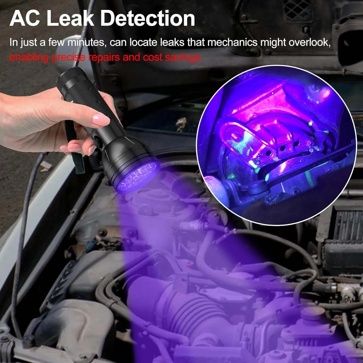 Vansky Air Conditioner Leak Detector: Professional Car Tool 68 LED Automotive AC UV Dye Leak Detection Kit with Protective Glasses