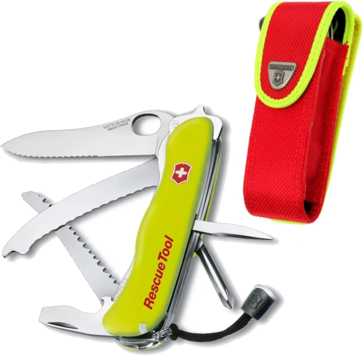 Victorinox Rescue Tool with Nylon Pouch Swiss Army Knife, 13 Functions, Swiss Made Pocket Knife with Seatbelt Cutter and Glass Saw - Fluorescent Yellow