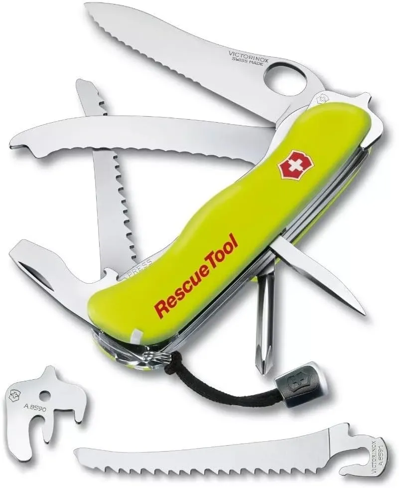 Victorinox Rescue Tool with Nylon Pouch Swiss Army Knife, 13 Functions, Swiss Made Pocket Knife with Seatbelt Cutter and Glass Saw - Fluorescent Yellow