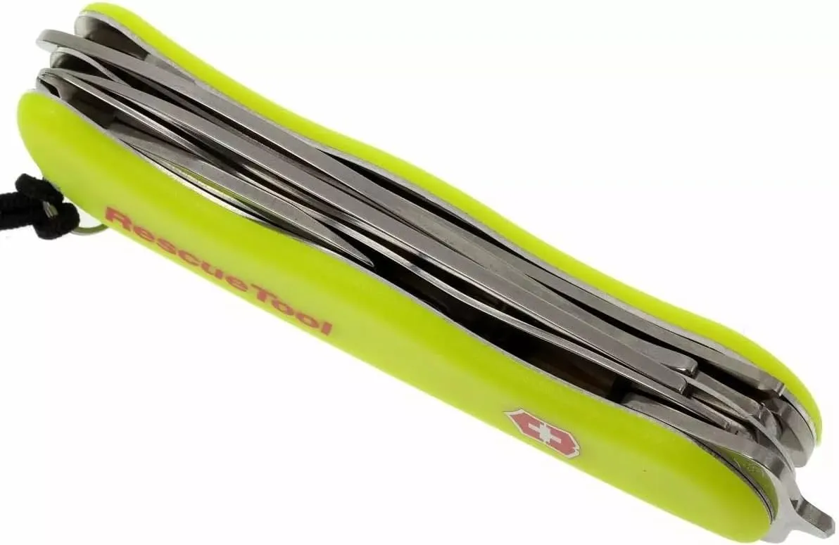 Victorinox Rescue Tool with Nylon Pouch Swiss Army Knife, 13 Functions, Swiss Made Pocket Knife with Seatbelt Cutter and Glass Saw - Fluorescent Yellow