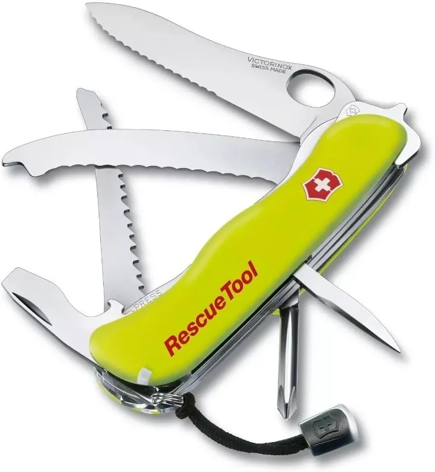 Victorinox Rescue Tool with Nylon Pouch Swiss Army Knife, 13 Functions, Swiss Made Pocket Knife with Seatbelt Cutter and Glass Saw - Fluorescent Yellow