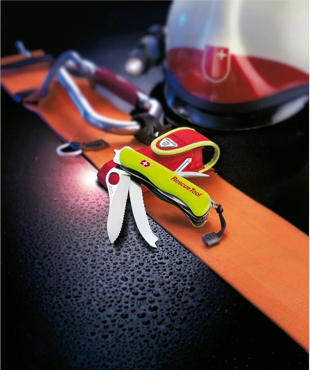Victorinox Rescue Tool with Nylon Pouch Swiss Army Knife, 13 Functions, Swiss Made Pocket Knife with Seatbelt Cutter and Glass Saw - Fluorescent Yellow