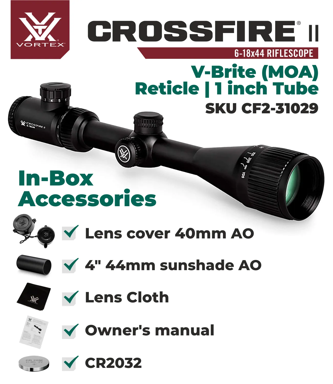 Vortex Optics Crossfire II 1-inch Tube SFP V-Brite 6-18x44 Riflescope CF2-31029