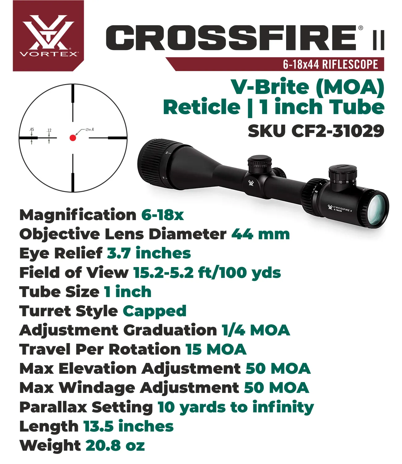 Vortex Optics Crossfire II 1-inch Tube SFP V-Brite 6-18x44 Riflescope CF2-31029