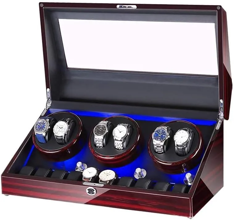 Watch Winder for 6 Watches   10 Storage LED Light Wood Shell Piano Varnish Exterior, Leather Interior, Silent Motor Watch Winder Display Watch Box Storage (B A)