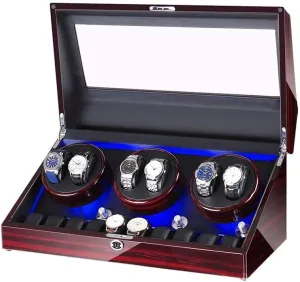 Watch Winder for 6 Watches   10 Storage LED Light Wood Shell Piano Varnish Exterior, Leather Interior, Silent Motor Watch Winder Display Watch Box Storage (B A)