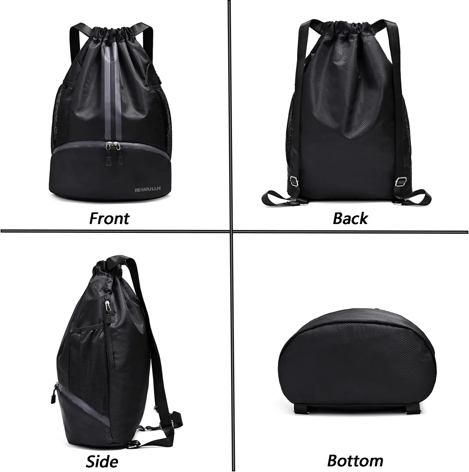 Waterproof Drawstring Gym Backpack with Shoe Compartment & Wet Pocket - 20L Lightweight Sports Bag for Men/Women,Soccer,Basketball,Swimming,Beach,Travel(Black)