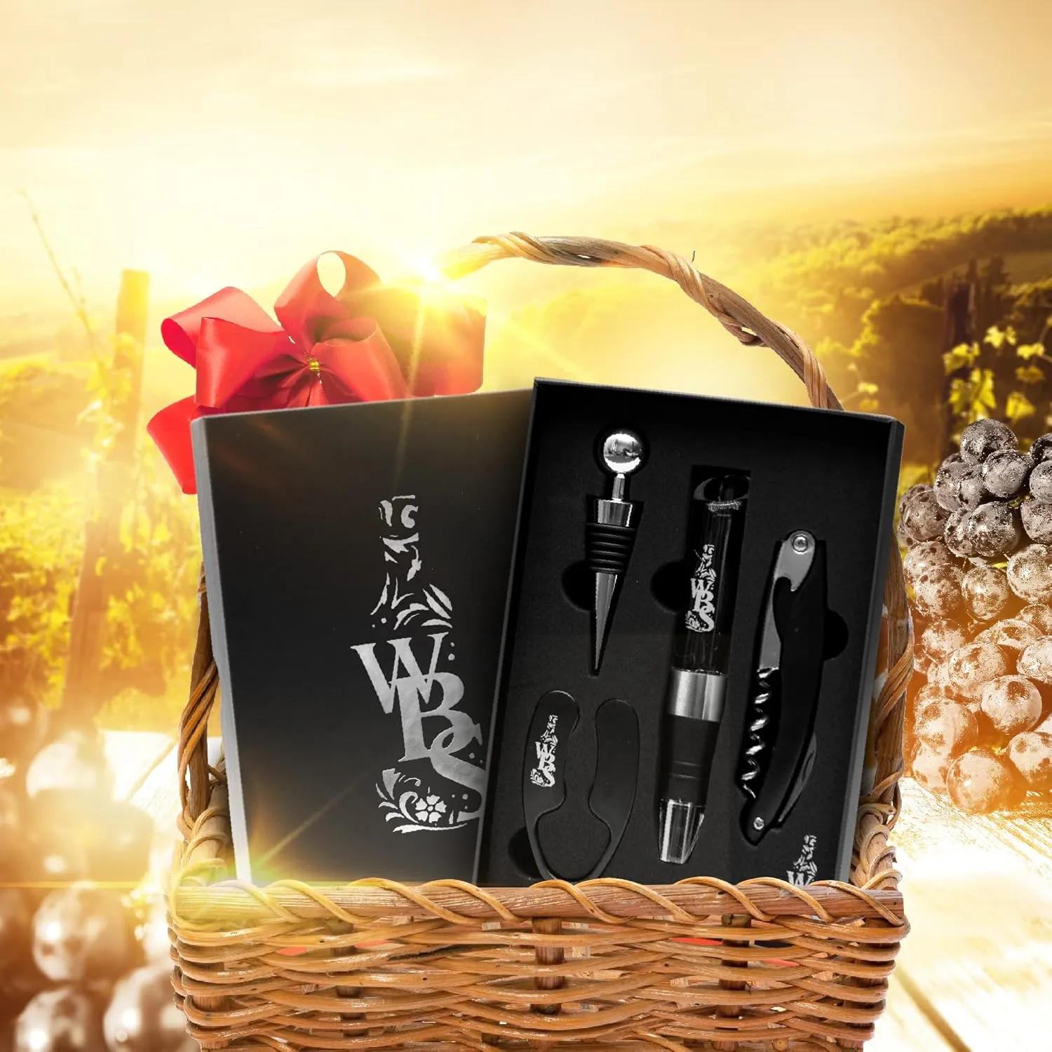 WBS Wine Opener Set- Corkscrew, Foil Cutter, Bottle Stopper, Aerator Pourer - Perfect Wine Accessories for Valentine's Day, Birthdays - Ideal for a Wine Basket, Wine Lovers, Vino Tool Kit