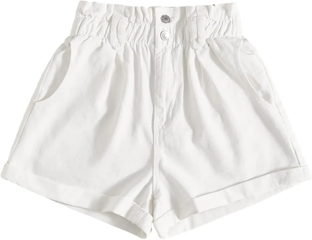 WDIRARA Women's Paper Bag Waist Button Roll Up Hem Denim Shorts with Pockets