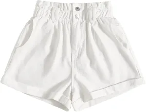 WDIRARA Women's Paper Bag Waist Button Roll Up Hem Denim Shorts with Pockets