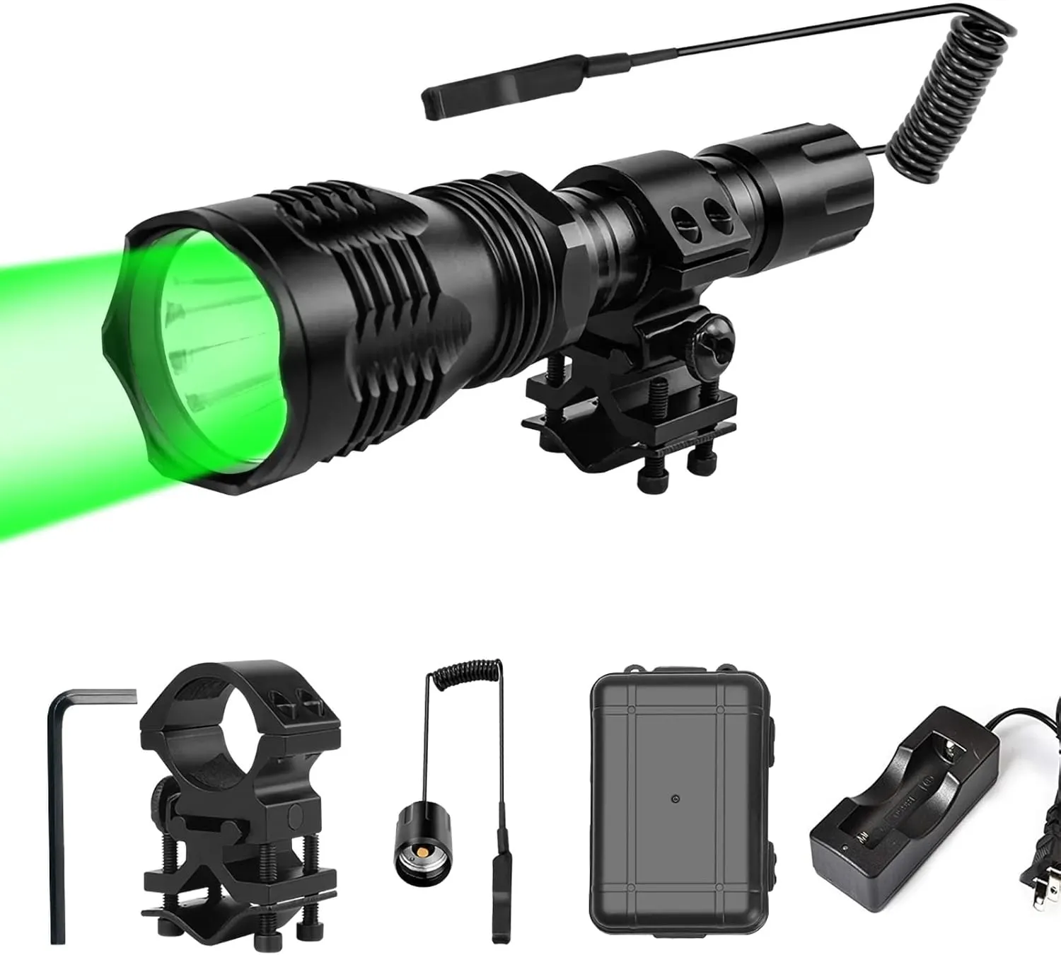 WINDFIRE WF-802 350 Lumens Tactical Green Flashlight 250 Yards Long Range Throwing LED Predator Light Coyote Hog Fox Varmint Hunting Torch with Pressure Switch & Barrel Mount