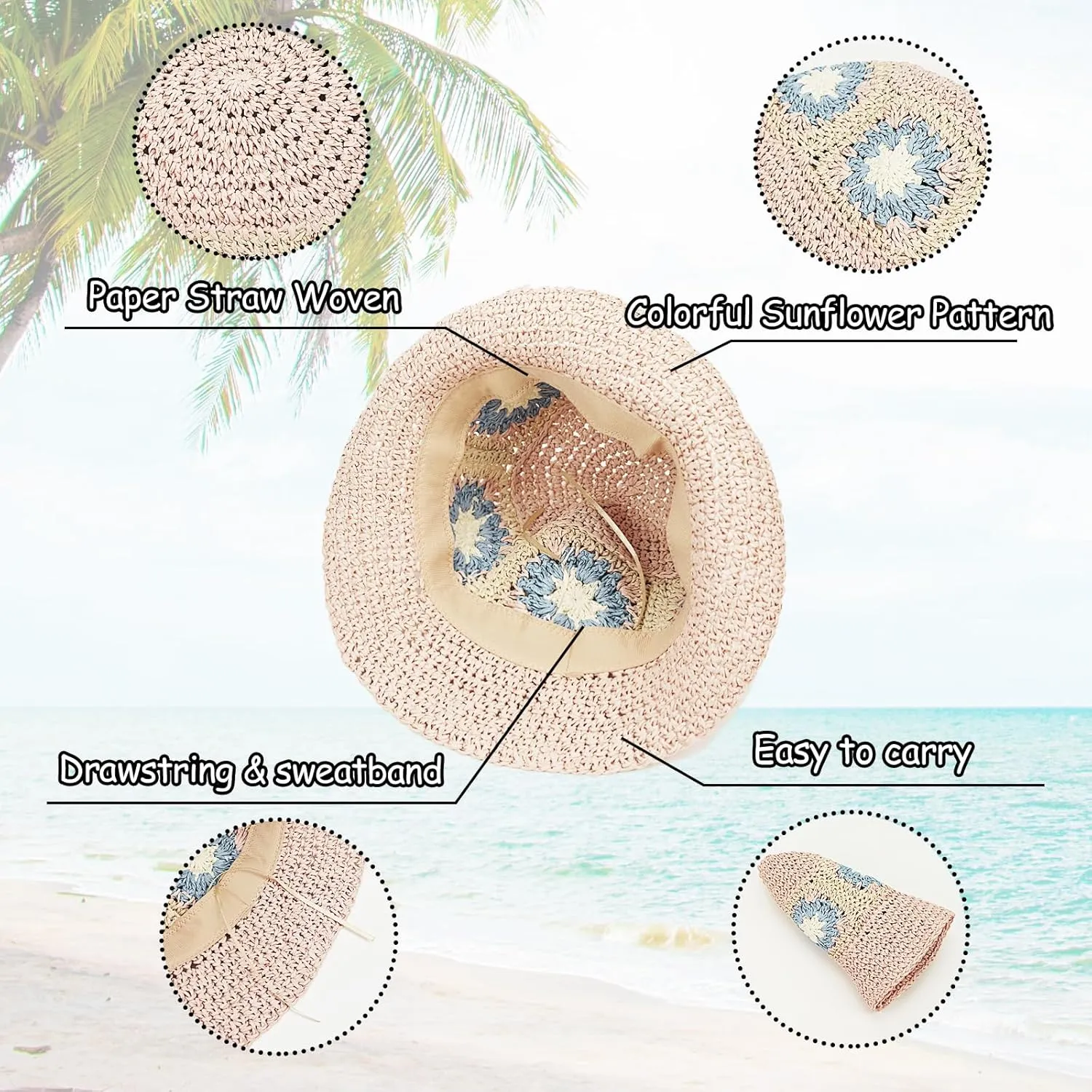Women Straw Sun Hat Foldable Beach Hat Sunflower Floppy Bucket Hat