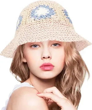 Women Straw Sun Hat Foldable Beach Hat Sunflower Floppy Bucket Hat