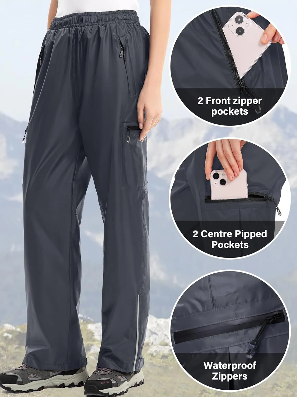 Women's Rain Pants Lightweight Waterproof Reflective,Windproof Breathable Gear Over Work for Hiking Cycling Outdoor Fishing
