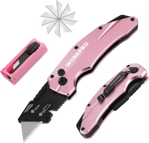 WORKPRO Folding Utility Knife, Quick Change SK5 Pink Box Cutter, Aluminum Handle Razor Knife for Boxes, Cartons, Cardboard, 10 Extra Blades Included - Pink Ribbon
