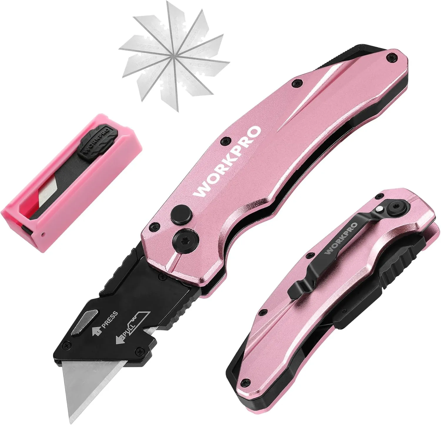 WORKPRO Folding Utility Knife, Quick Change SK5 Pink Box Cutter, Aluminum Handle Razor Knife for Boxes, Cartons, Cardboard, 10 Extra Blades Included - Pink Ribbon