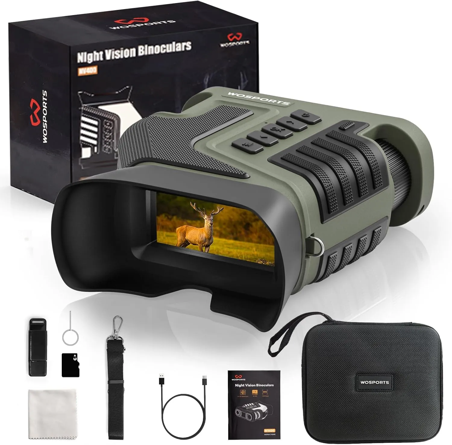 WOSPORTS 4K Night Vision Binoculars for Adults – 10X Optical & 8X Digital Zoom, 48MP Photo, 1300FT Infrared Range, Rechargeable 5000mAh Battery, IPX Waterproof, Ideal for Camping, Army Green