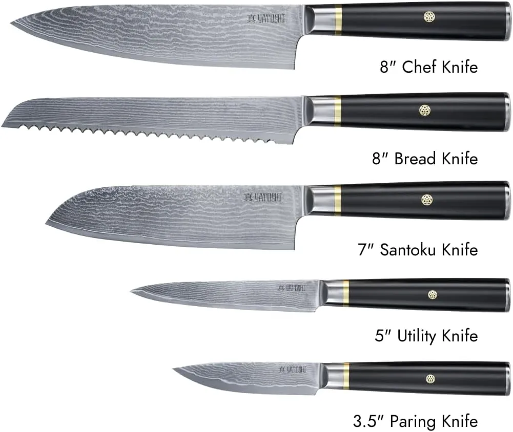 Yatoshi Magnetic Kitchen Knife Block Set 6 Pcs - Japanese 67 Layer High-Grade VG-10 Damascus Steel Knives, Sharp, G10 Handle Professional Kitchen Knife Set