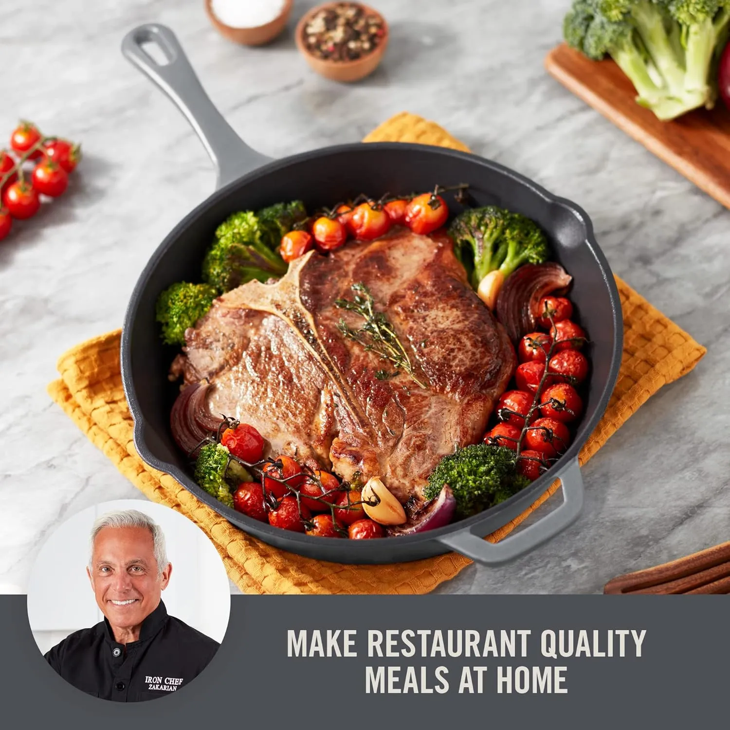 Zakarian by Dash 11 Inch Nonstick Cast Iron Skillet, Titanium Ceramic Coated Frying Pan, Grey
