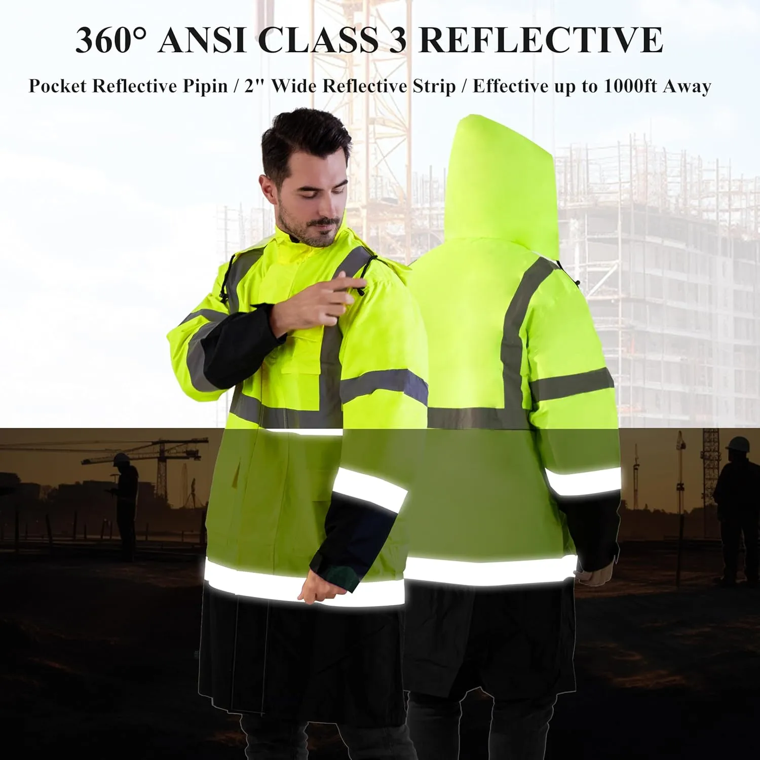 Z&Q LABOR Raincoat Safety Work Rain Gear for Men Waterproof with Hood, High Visibility Rain Gear,Rain Suits for Men
