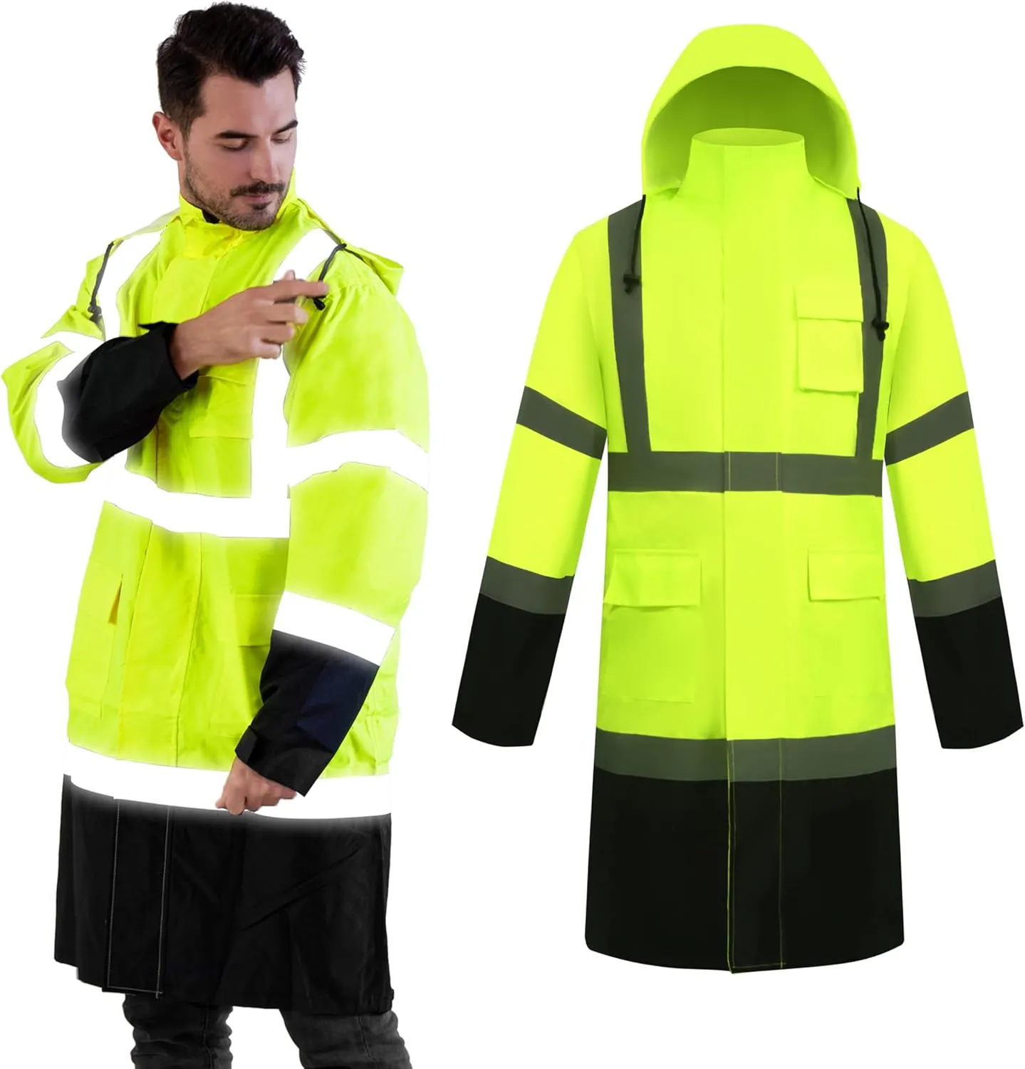 Z&Q LABOR Raincoat Safety Work Rain Gear for Men Waterproof with Hood, High Visibility Rain Gear,Rain Suits for Men