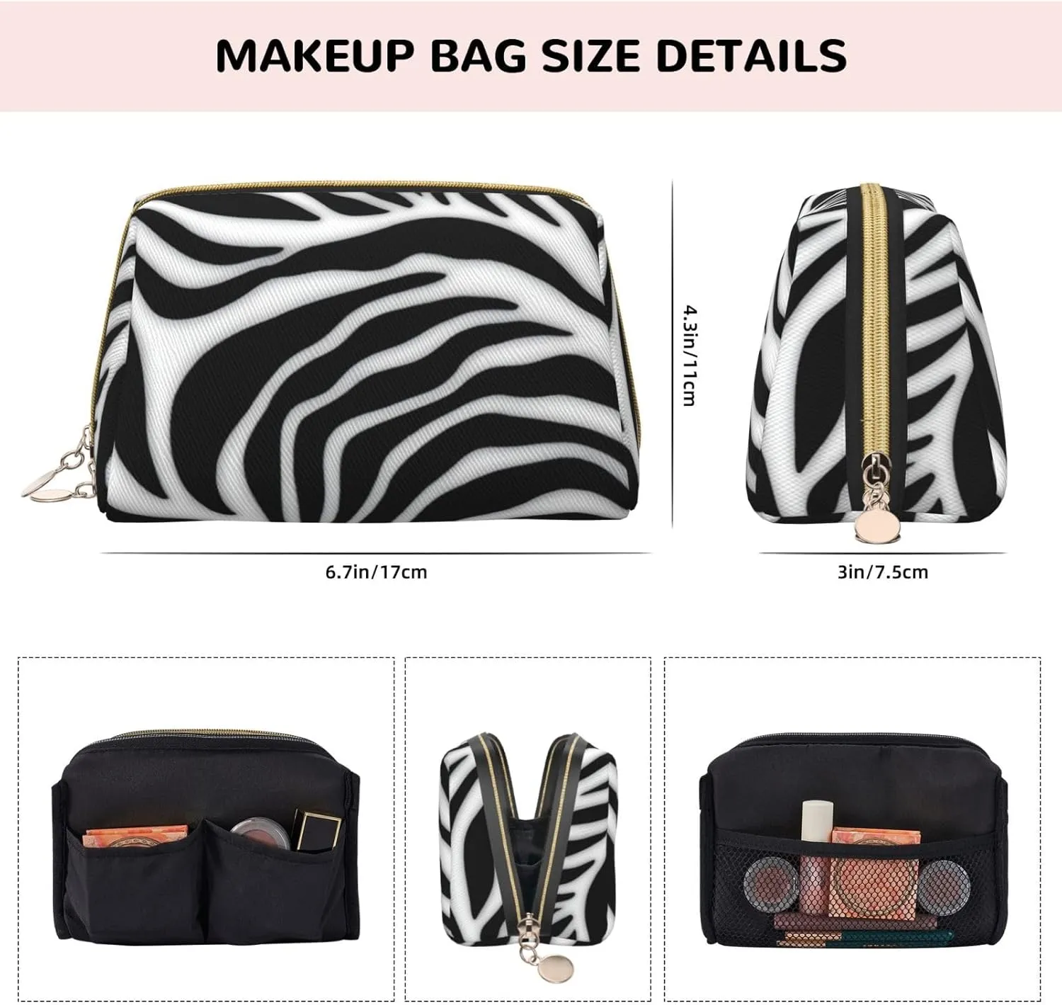 Zebra Print Toiletry Pouch, Travel-Friendly Makeup Organizer For Makeup Brushes, Lipsticks