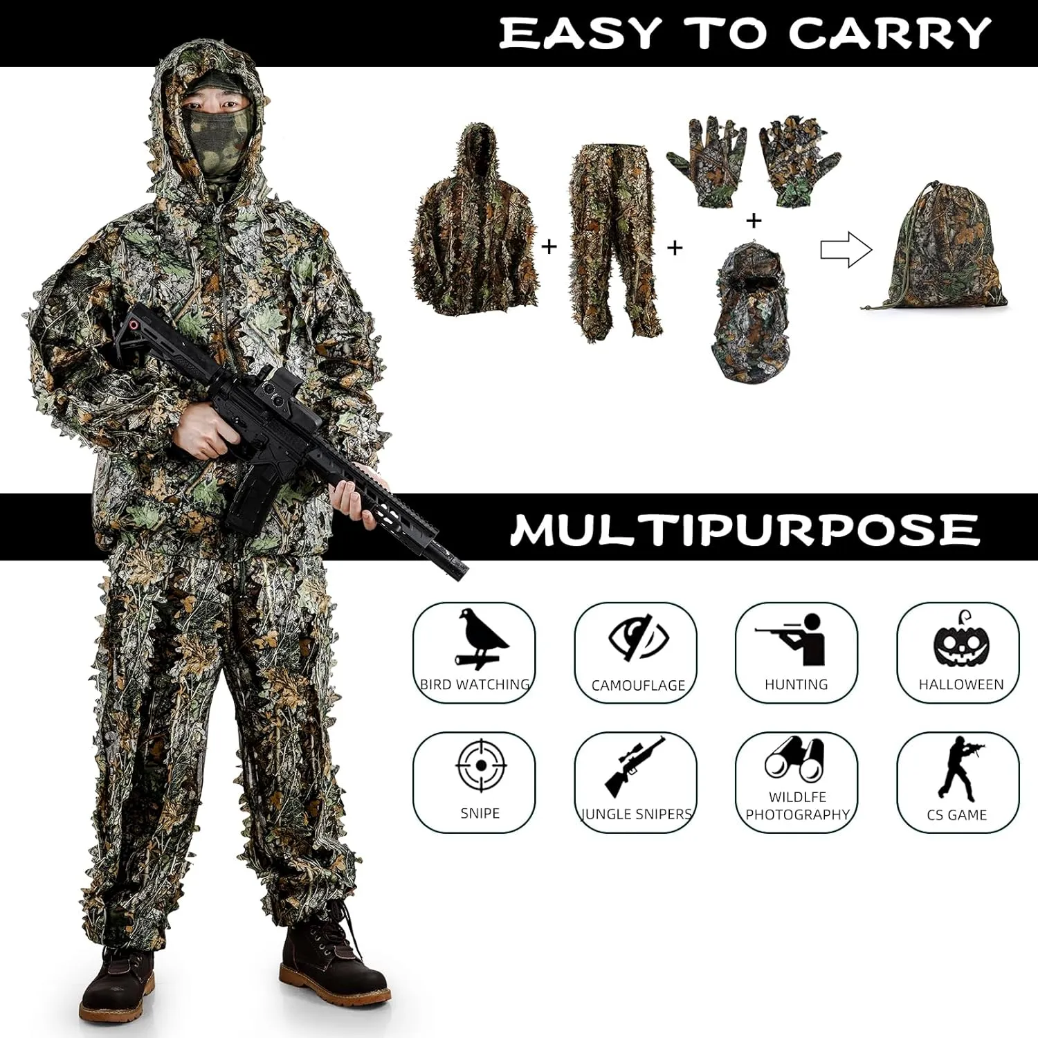 Zicac Outdoor Camo Ghillie Suit 3D Leafy Camouflage Clothing Jungle Woodland Hunting