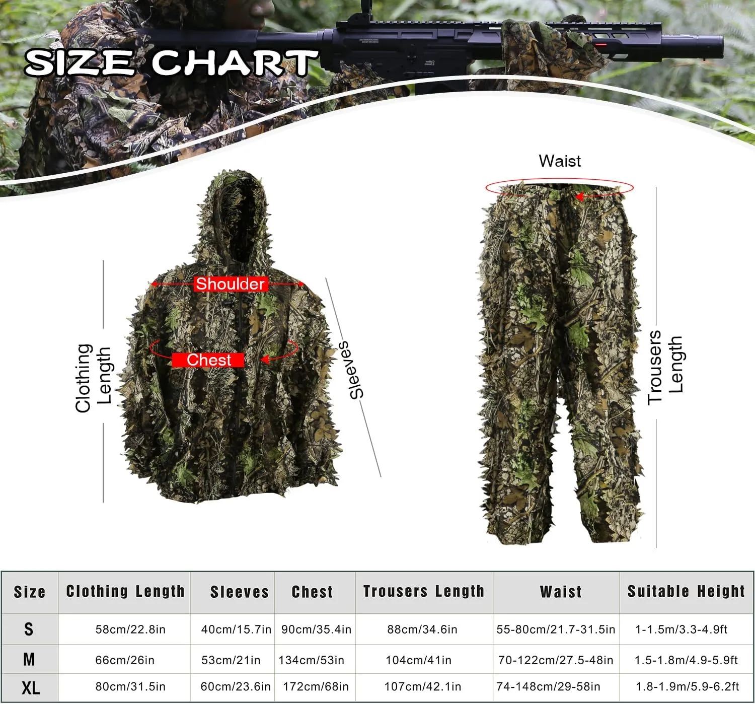 Zicac Outdoor Camo Ghillie Suit 3D Leafy Camouflage Clothing Jungle Woodland Hunting