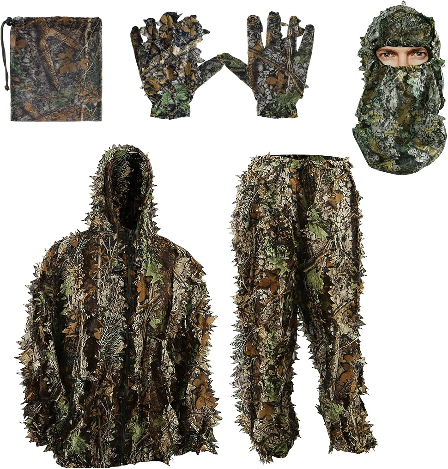 Zicac Outdoor Camo Ghillie Suit 3D Leafy Camouflage Clothing Jungle Woodland Hunting