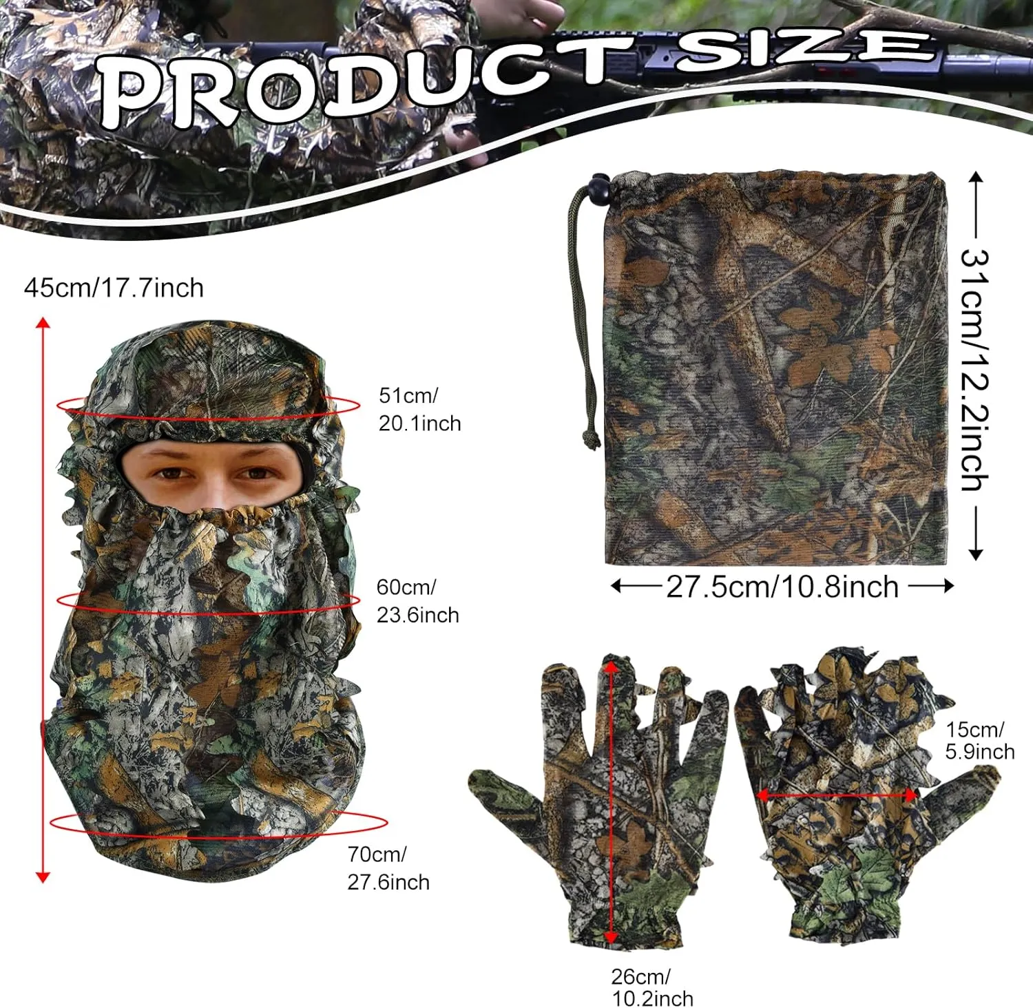 Zicac Outdoor Camo Ghillie Suit 3D Leafy Camouflage Clothing Jungle Woodland Hunting