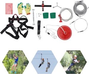 Zipline Kit for Kids and Adult with Stainless Steel Spring Brake and Seat, Kids Zipline Kit for Porch, Harness Zip Line Kit, Zipline Kits for Backyard, Slackers Zipline Kit, 160ft, Up to 330 Lbs